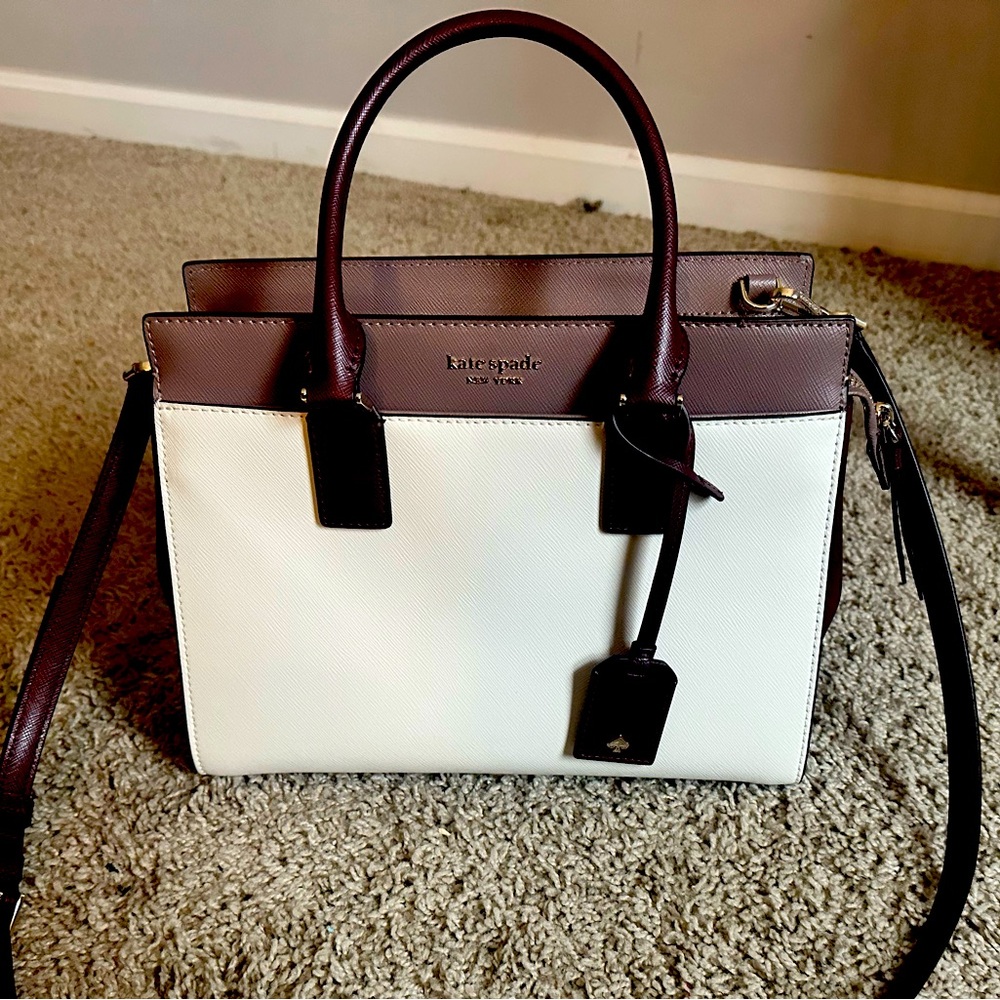Kate Spade parchment and burgundy satchel with beige